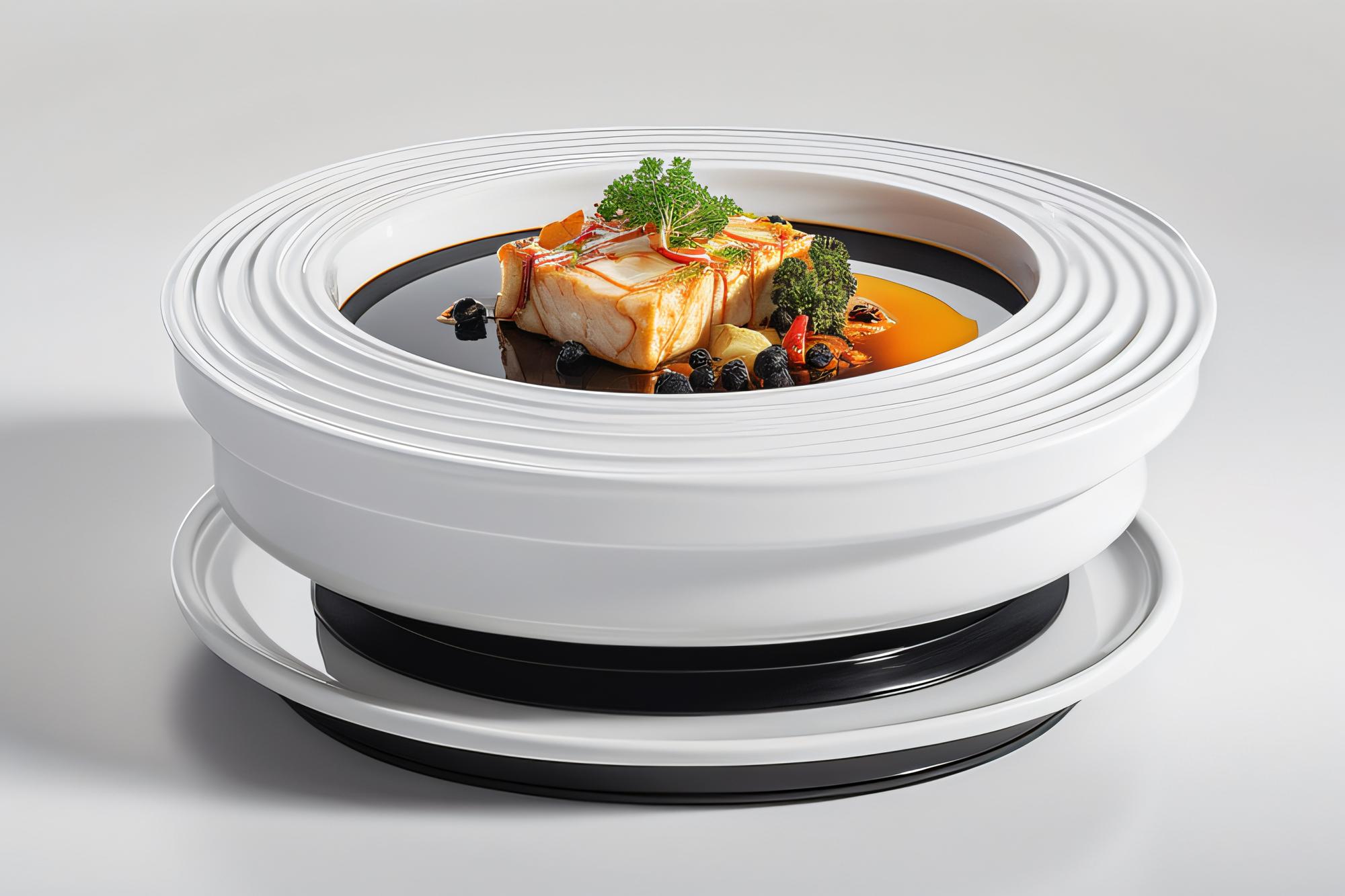 Futuristic kitchen workstation with plated dishes